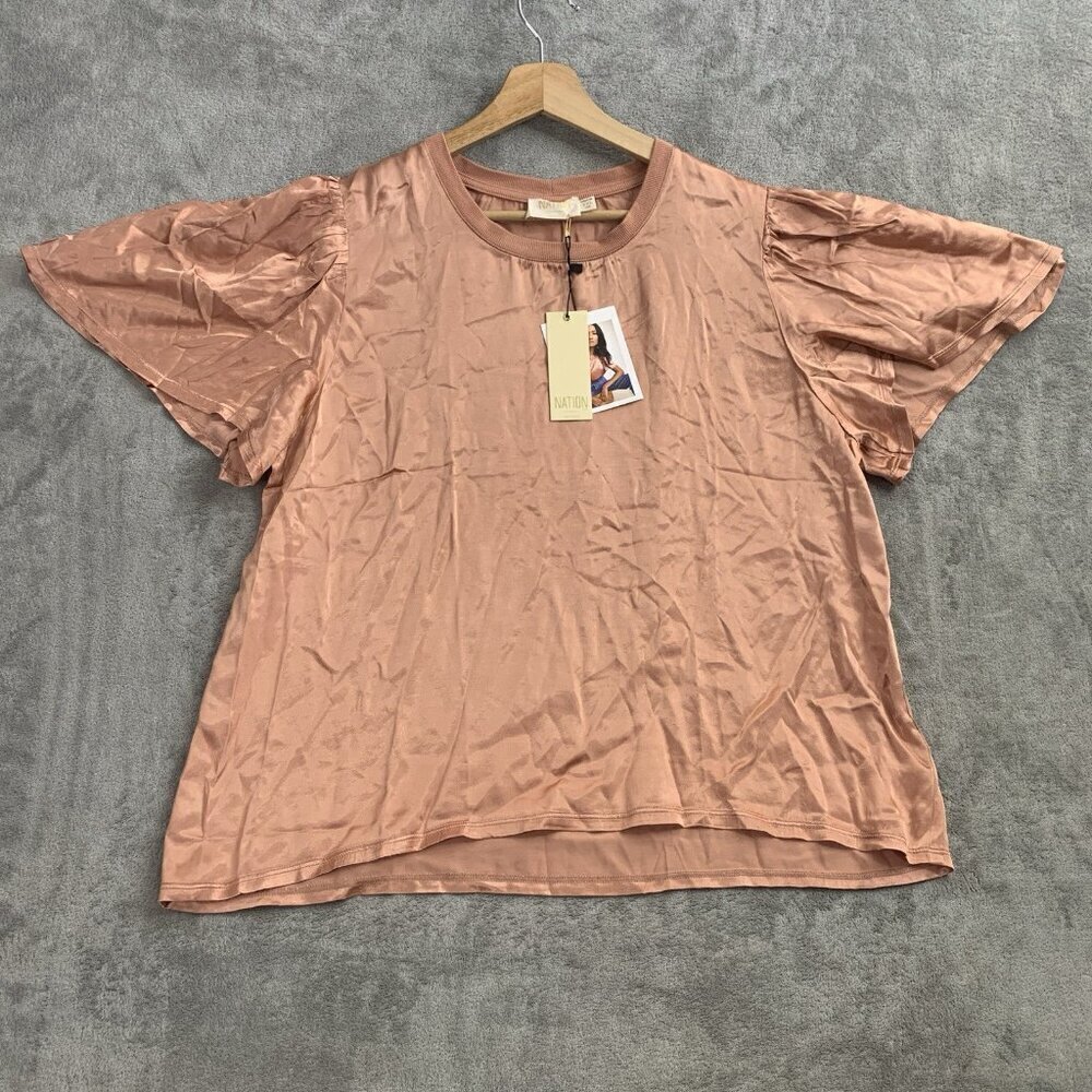 Nation LTD Shirt Womens XXL Pink Crew Neck Pullover Top Casual Shinny Rayon Tee